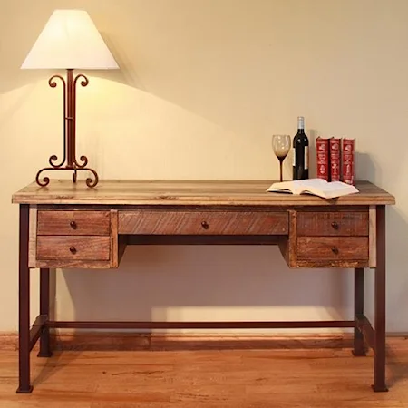 Antique Multicolor Writing Desk with Hand Forged Iron Base